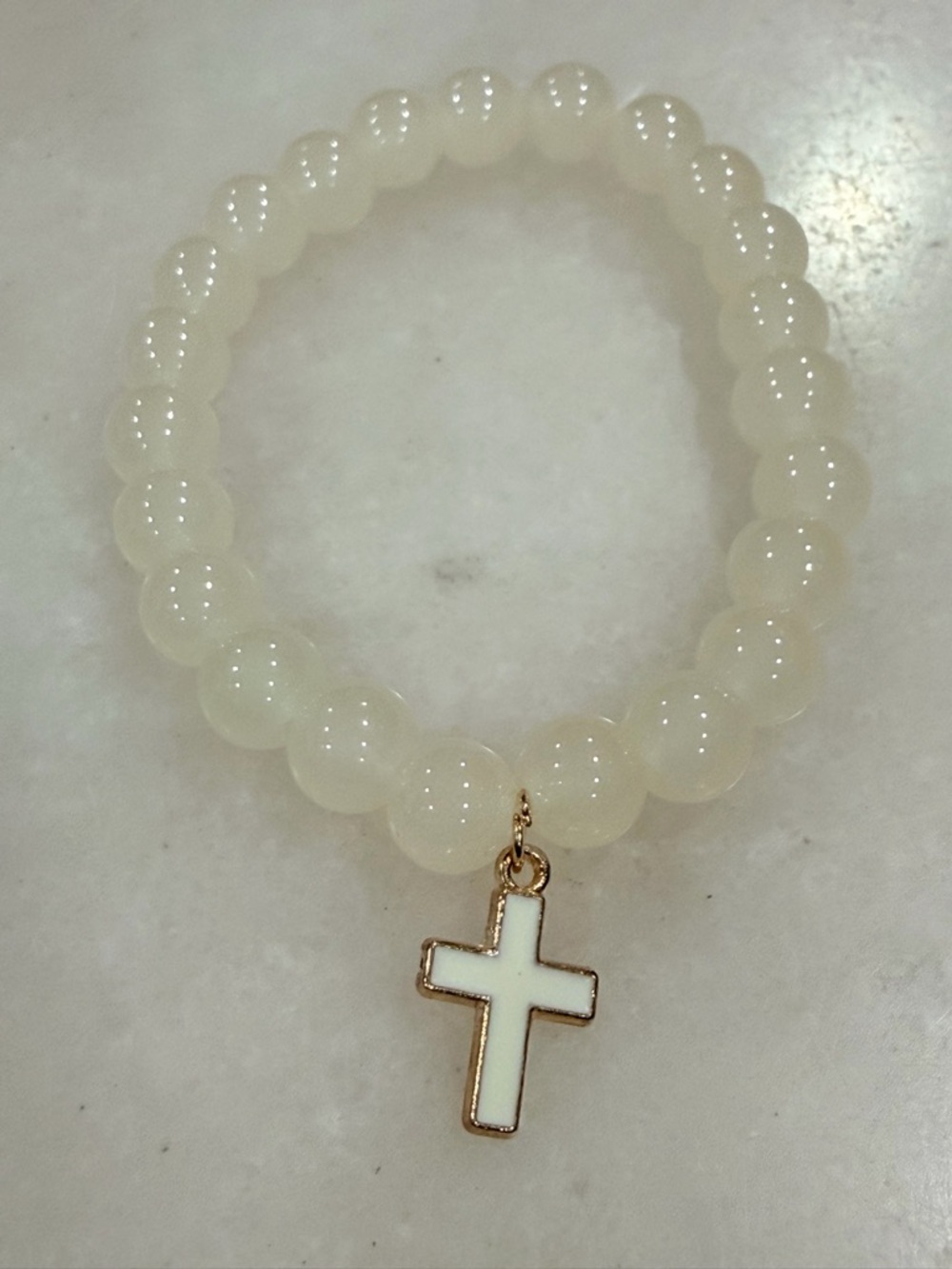 White Beaded Cross Charm Bracelet - Women's Jewelry
